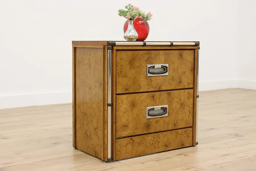 Main image of Midcentury Modern Vintage Faux Burl & Chrome Nightstand