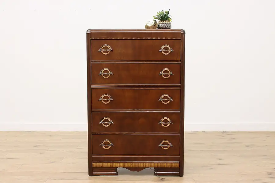 Main image of Art Deco Vintage Waterfall Walnut Tall Dresser or Chest