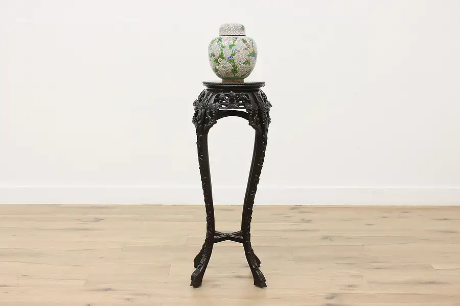 Main image of Chinese Antique Carved Rosewood & Marble Top Sculpture Stand
