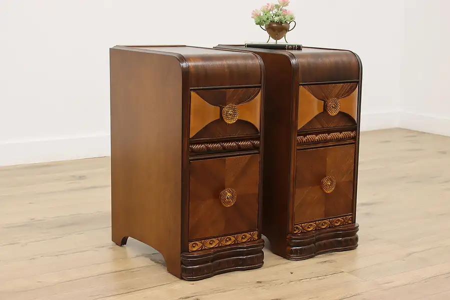 Main image of Art Deco Vintage Waterfall Mahogany Nightstands, Glass Knobs