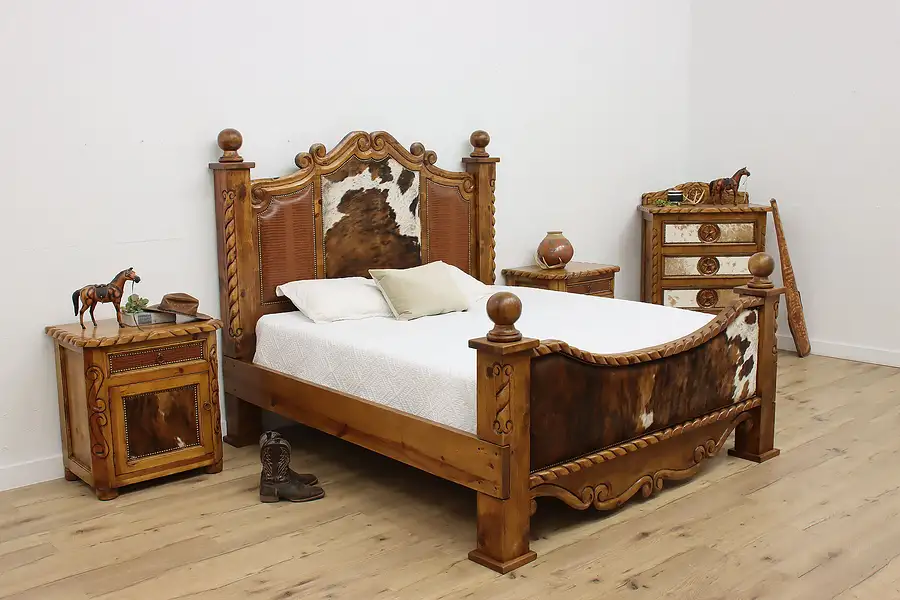 Main image of Western Ranch Pine Cowhide Leather 4 Pc King Bedroom Set