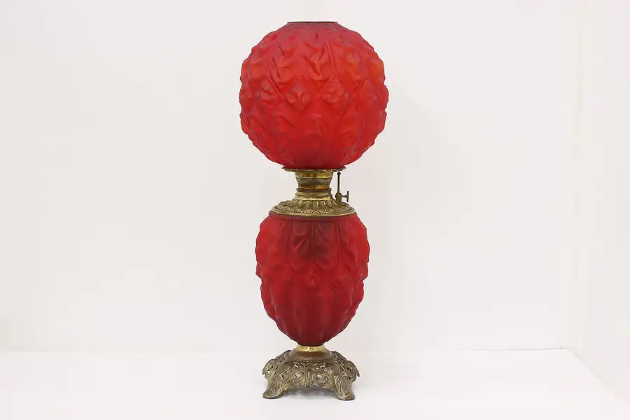 Main image of Victorian Antique Red Pigeon Blood Glass & Brass Oil Lamp
