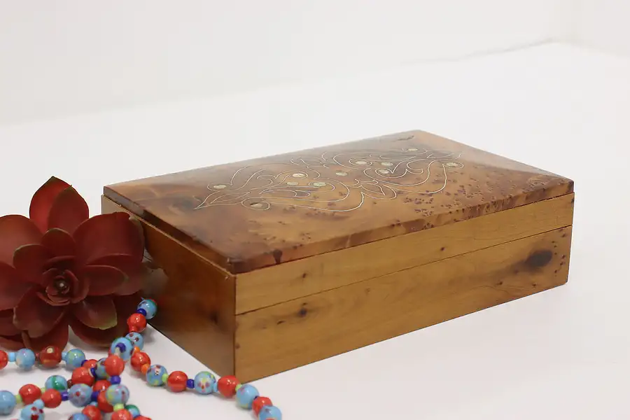 Main image of Yew Burl Vintage Abalone Inlay Jewelry or Trinket Box