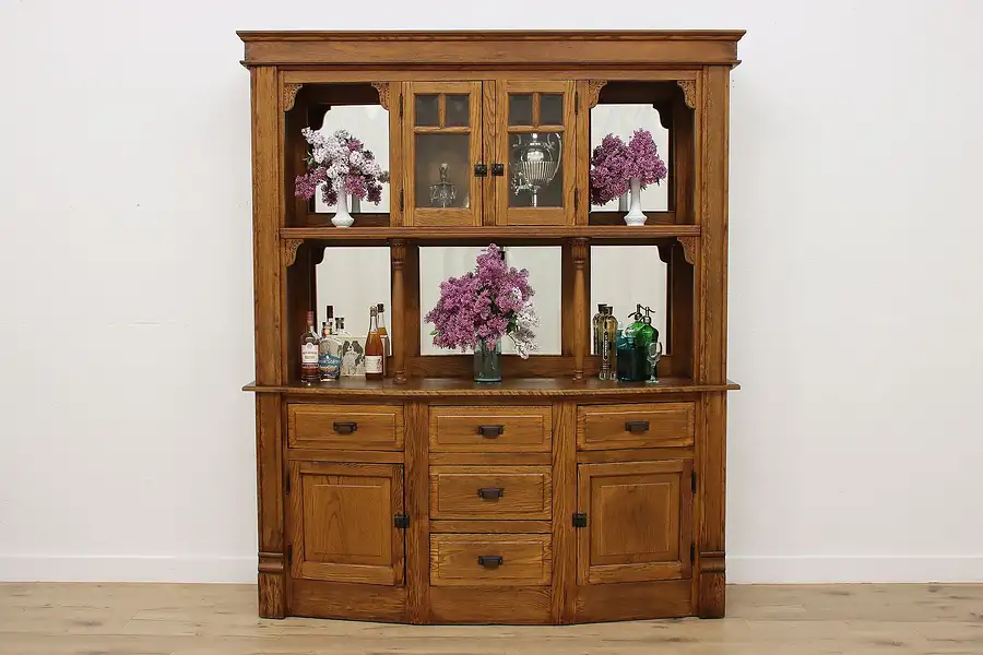 Main image of Arts & Crafts Antique Carved Oak Back Bar Sideboard Display