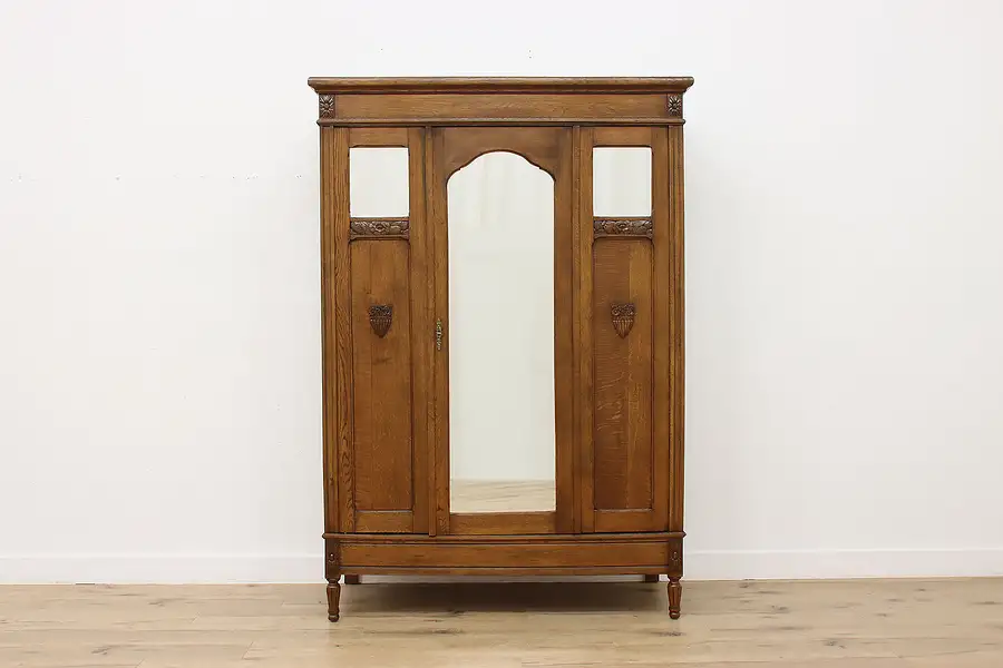 Main image of Carved Oak Antique Armoire Wardrobe, Mirrors