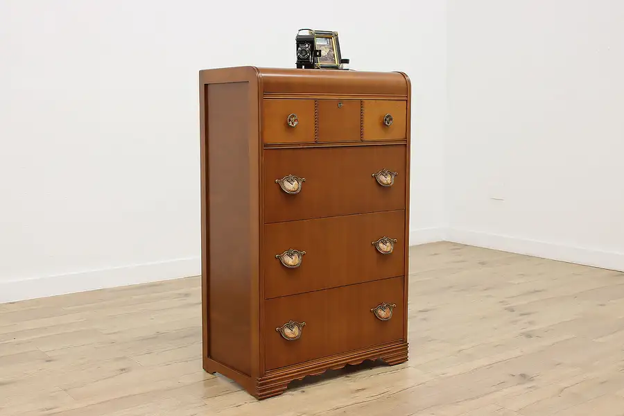 Main image of Art Deco Waterfall Vintage Walnut & Bakelite Chest Dresser