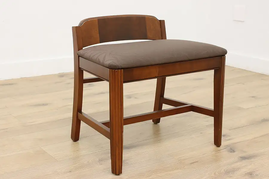 Main image of Art Deco Vintage Walnut Curly Birch Vanity Stool, New Fabric
