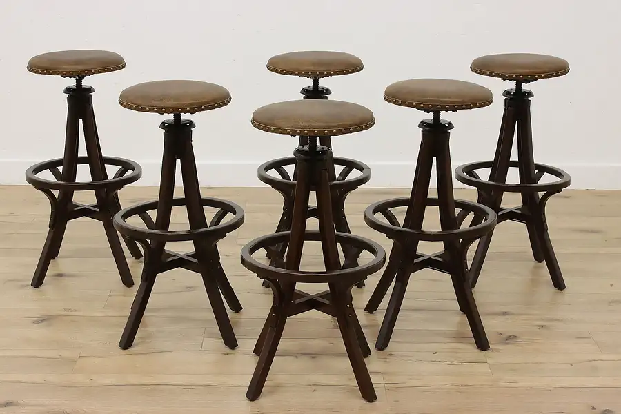 Main image of Set of 6 Antique Industrial Oak & Leather Architect Stools