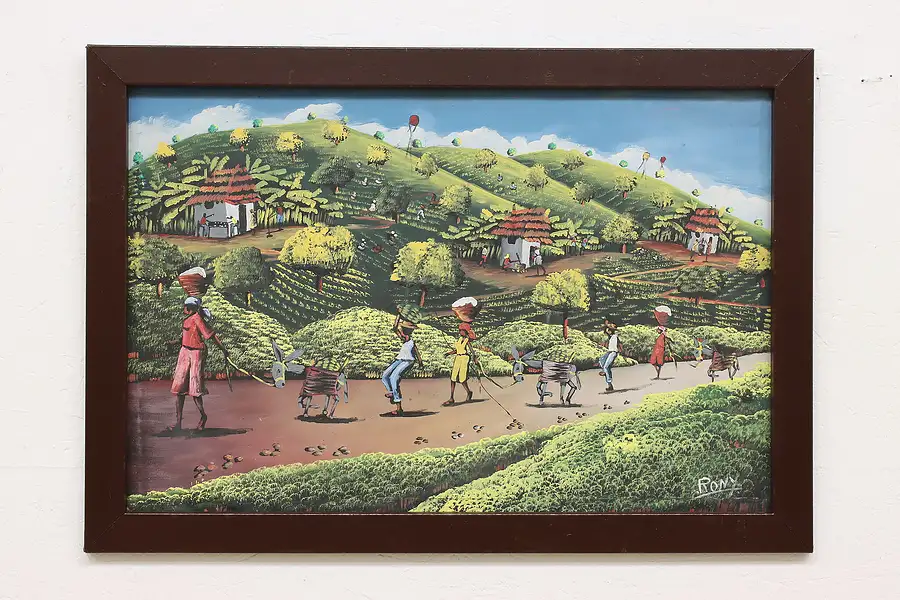 Main image of Haiti Village Vintage Original Oil Painting, Leonidas 39.5"