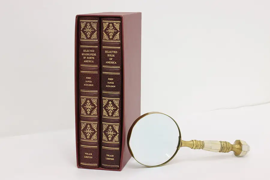 Main image of Pair of Vintage Leather & Gold Audubon Nature Books & Case