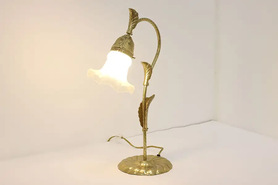 Main image of Flower Shaped Vintage Brass & Frosted Glass Shade Lamp