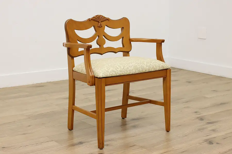 Main image of Art Deco Vintage Carved Mahogany Vanity Chair, New Fabric
