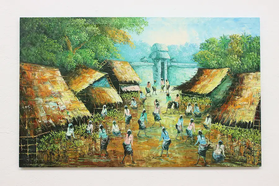 Main image of Island Village Vintage Original Oil Painting Signed 50.5"