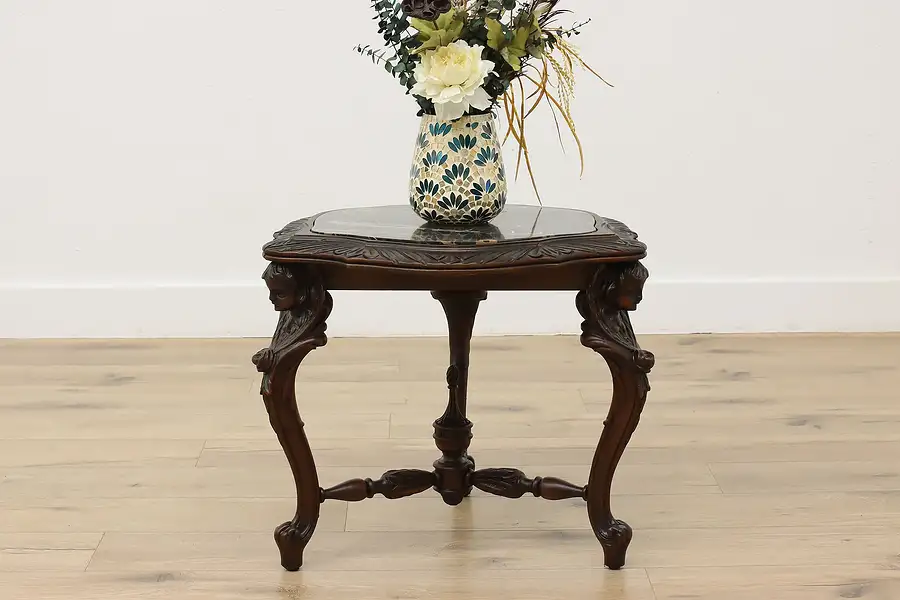 Main image of Carved Angels Antique Carved Walnut & Marble Coffee Table