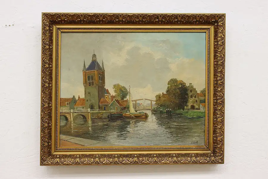 Main image of Boats on City Canal Antique Original Oil Painting Wupple 24"
