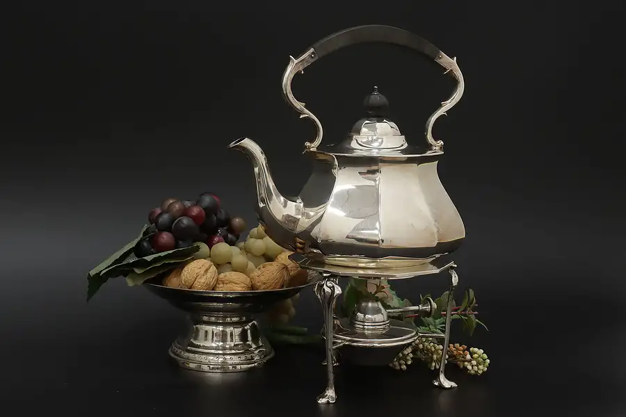 Main image of Victorian Antique Silverplate Tea Coffee Kettle & Burner, MC