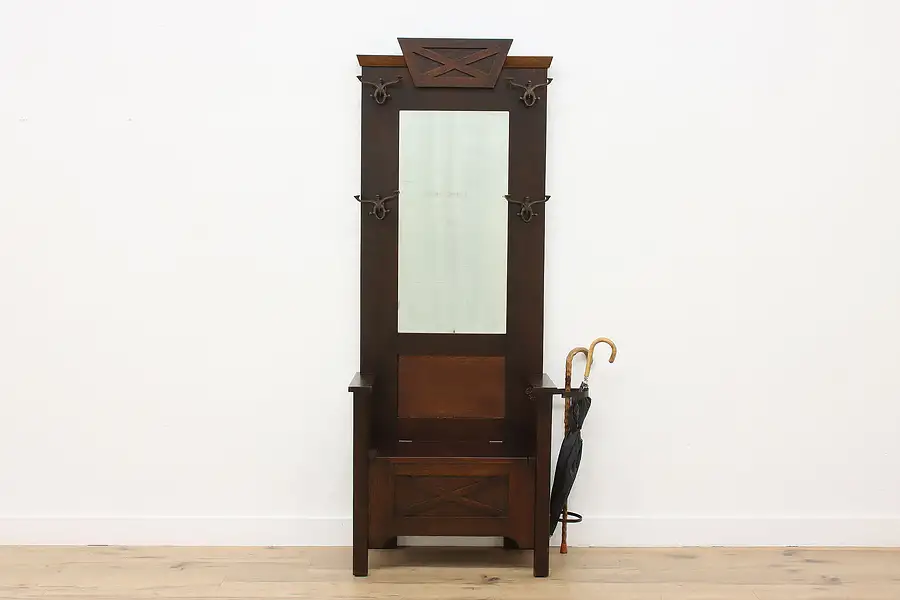 Main image of Arts & Crafts Mission Oak Antique Hall Tree & Bench, Mirror