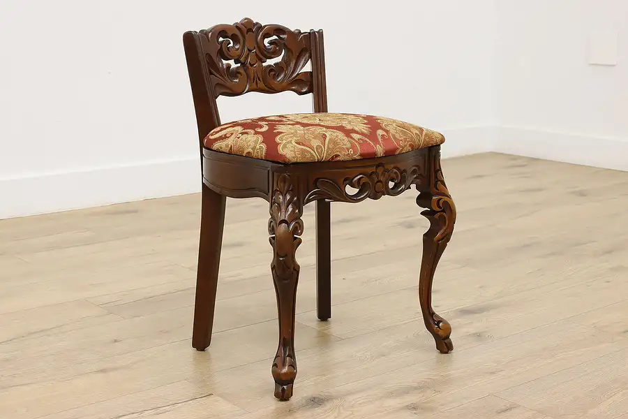 Main image of French Vintage Carved Birch Vanity Stool or Bench New Fabric