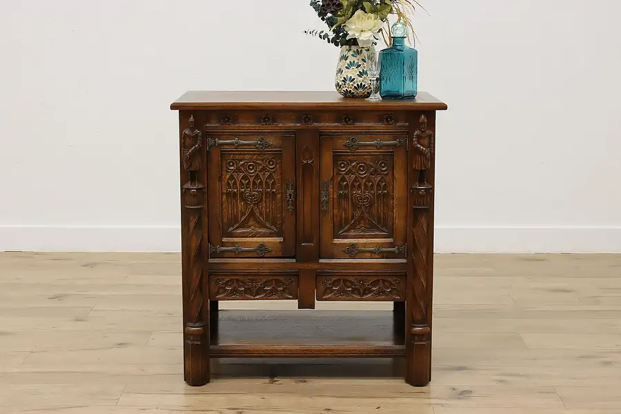 Main image of Gothic Antique Oak Hall Bath Office Cabinet, Carved Knights