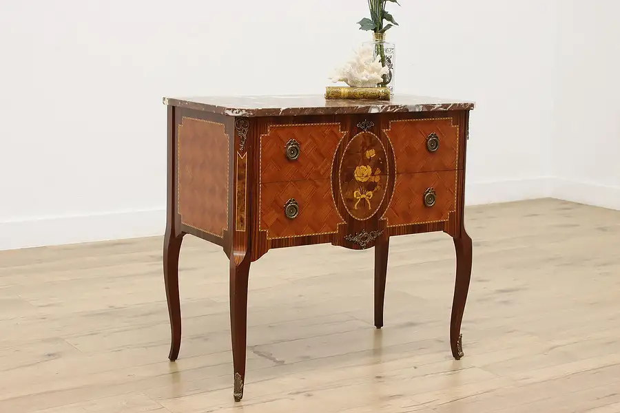 Main image of French Vintage Rosewood Marquetry Chest or Console, Marble