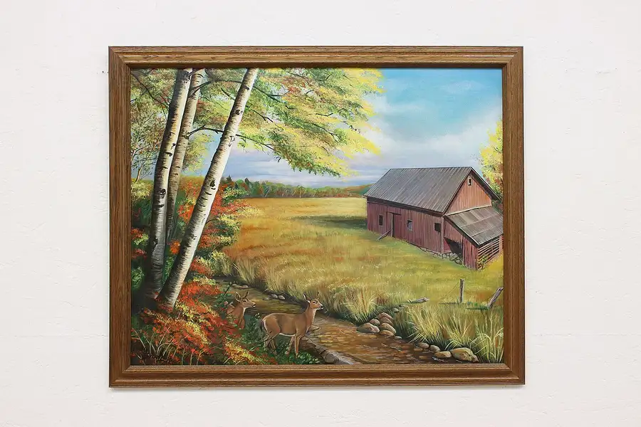 Main image of Fall Farm & Deer Vintage Original Oil Painting Dake 33.5"