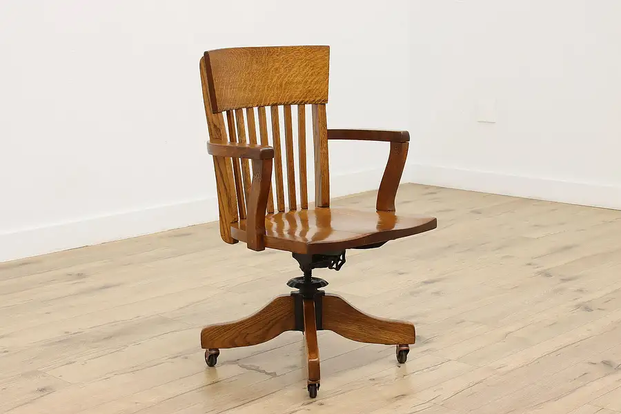 Main image of Traditional Antique Oak Swivel Adjustable Office Desk Chair