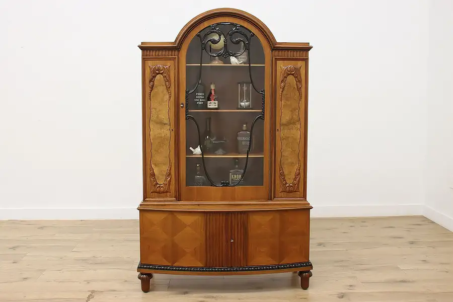 Main image of Art Deco Antique Carved Walnut & Burl China Display Cabinet