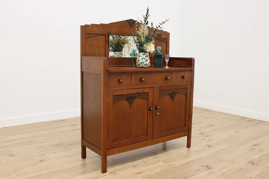 Main image of Art Deco Vintage Carved Oak Sideboard Server Bar Cabinet