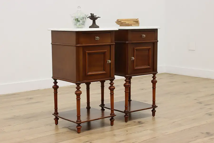 Main image of Pair Antique Mahogany & Marble Nightstands or End Tables