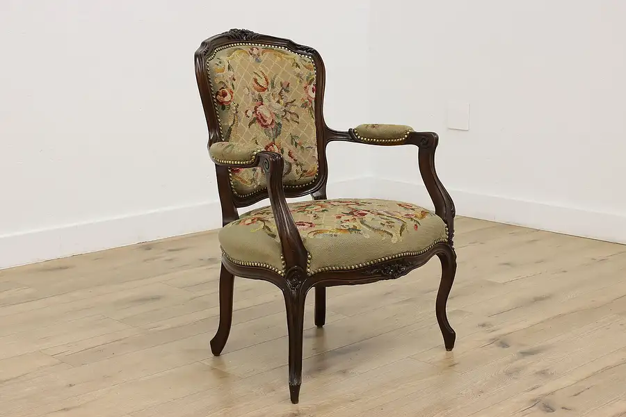 Main image of French Antique Carved Birch Genuine Needlepoint Chair