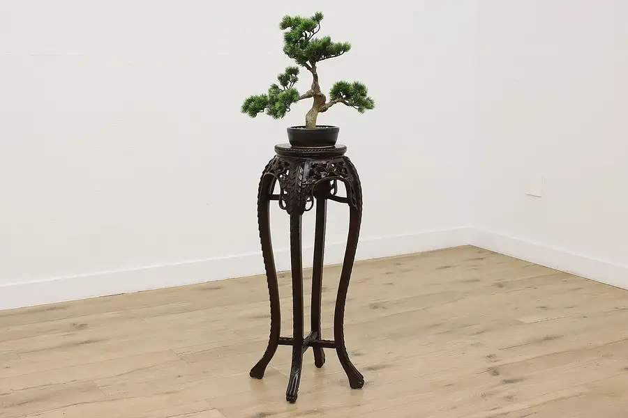 Main image of Chinese Antique Rosewood & Marble Top Sculpture Plant Stand