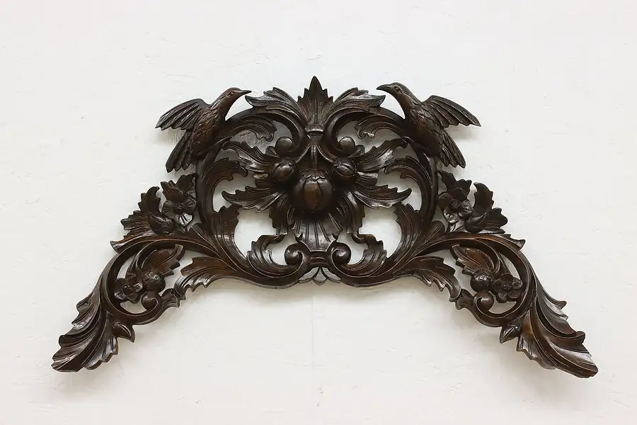 Main image of Austrian Antique Arch Salvage Mahogany Crest, Birds & Fruit