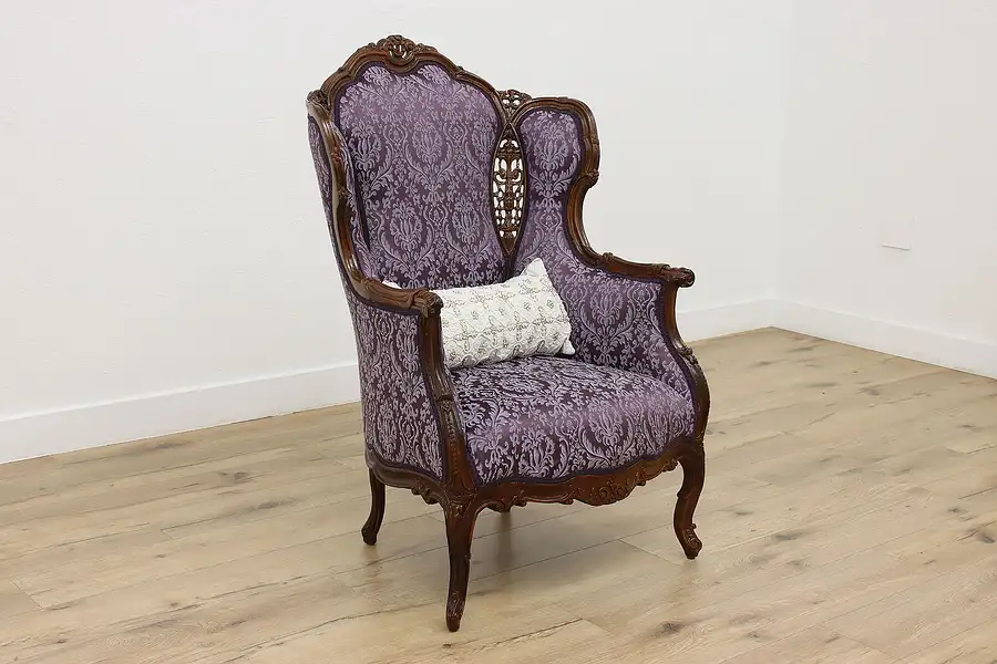 Main image of French Design Vintage Carved Wingback Chair, New Upholstery