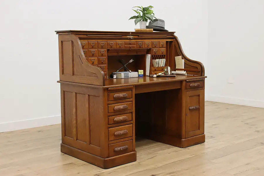 Main image of Victorian Antique Oak Roll Top Desk Rotary File Grand Rapids