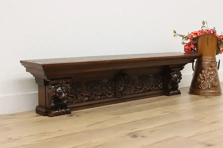 Main image of Renaissance Antique 5' Oak Mantel, Wall Shelf Carved Lions