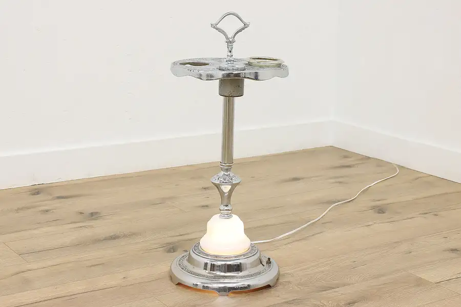Main image of Art Deco Antique Nickel & Milk Glass Chairside Smoking Stand