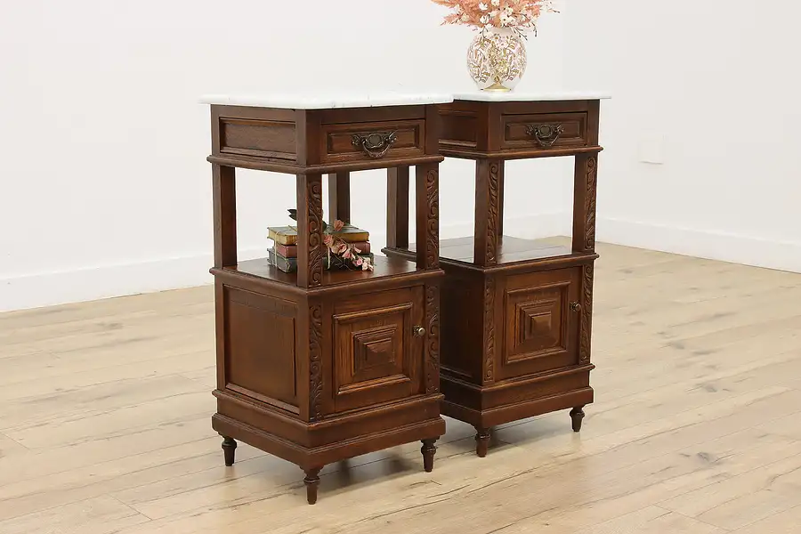 Main image of Pair of Antique English Tudor Design Oak Nightstands Marble