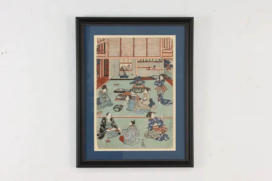 Main image of Japanese Antique Geisha House Woodblock Print Signed 19.5"