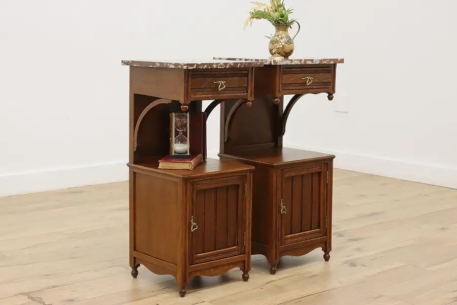 Main image of Pair of Art Nouveau Antique Carved Oak Nightstands, Marble