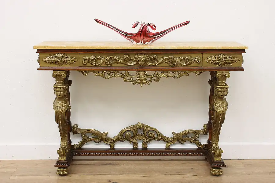 Main image of Italian Renaissance Vintage Carved Mahogany & Marble Console