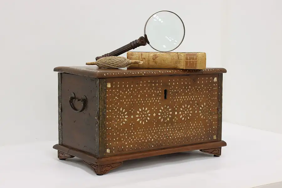 Main image of Moroccan Antique Teak Jewelry Box or Chest, Pearl Inlay