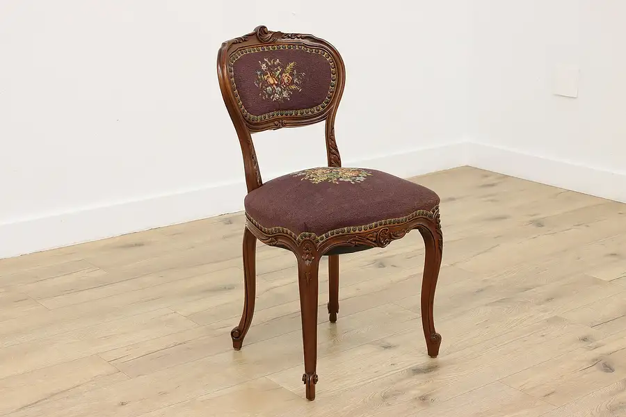 Main image of French Antique Carved Walnut & Needlepoint Side Accent Chair