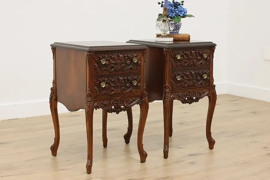 Main image of Pair of French Design Antique Carved Walnut End Side Tables