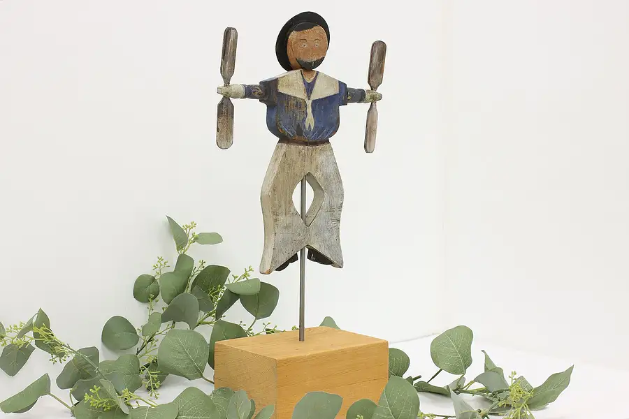 Main image of Folk Art Vintage Carved Pine Sailor Whirligig on Stand