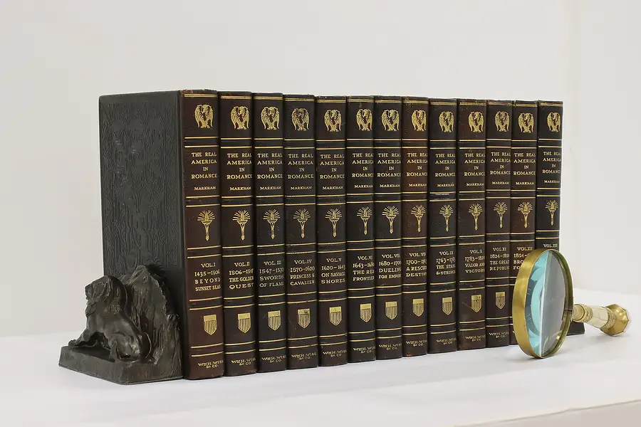 Main image of Set of 13 Antique America in Romance Novels Leather & Gold