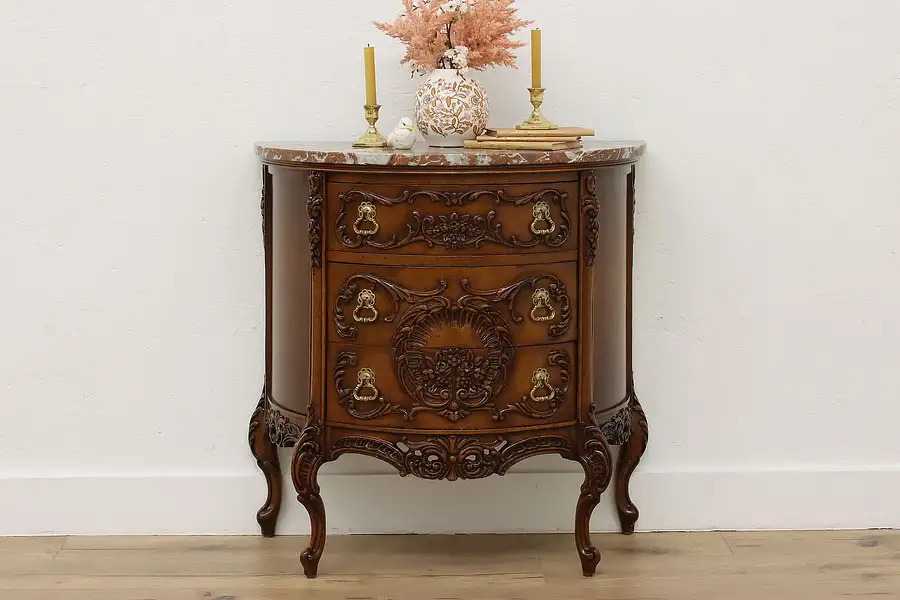 Main image of French Vintage Carved Walnut & Marble Top Demilune Console