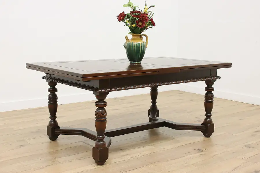 Main image of English Tudor Antique Walnut Dining Table 2 Leaves Opens 10'