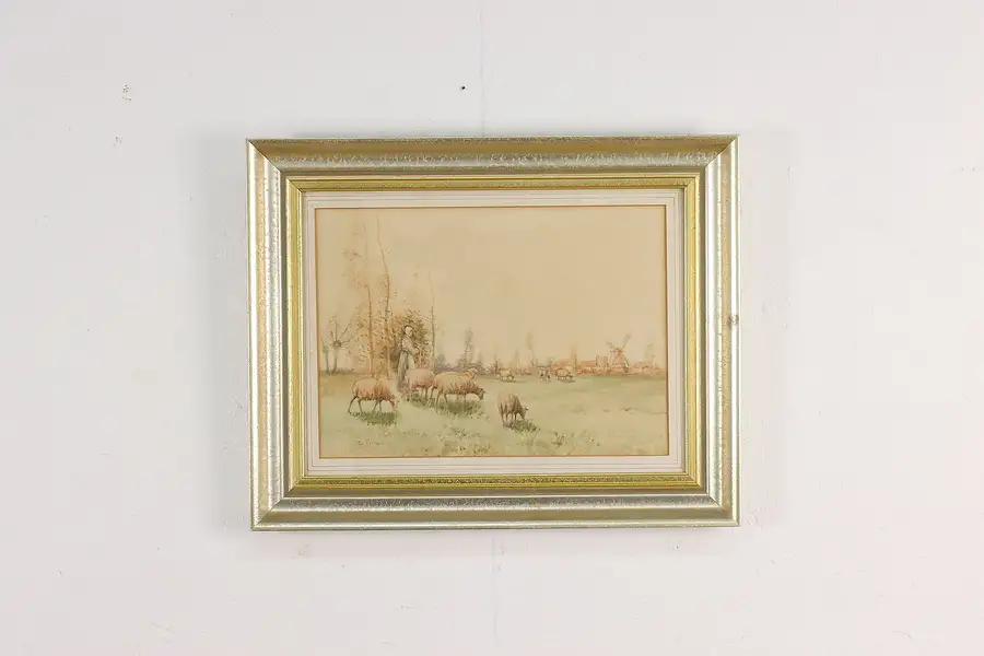 Main image of Flock of Sheep Antique Watercolor Painting Campbell 19.5"