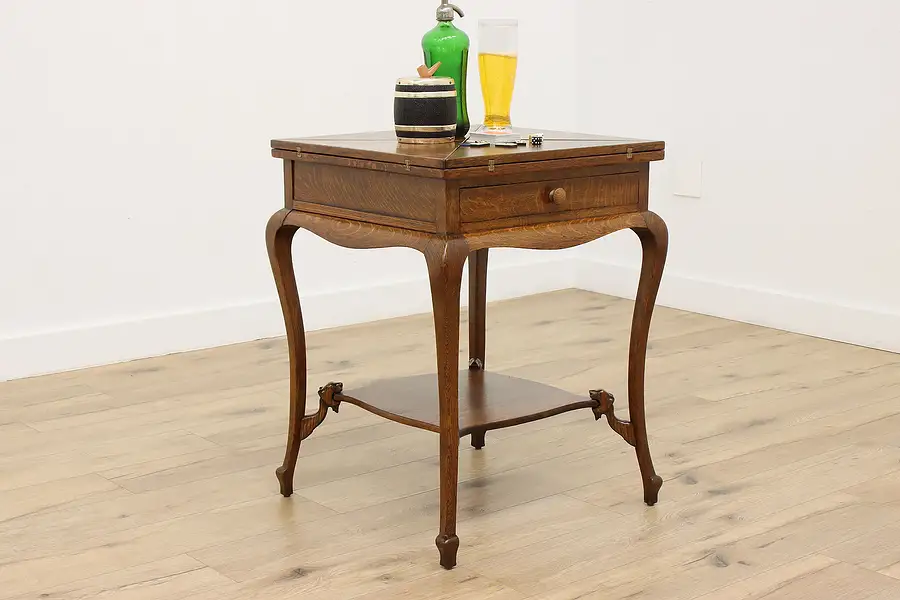 Main image of Victorian Antique Oak & Leather Handkerchief Flip Game Table