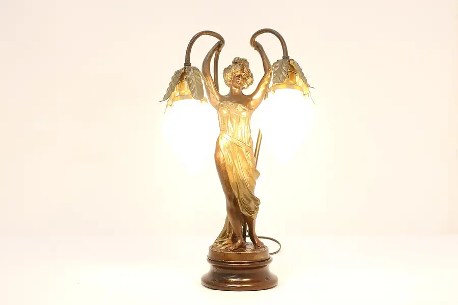 Main image of Art Nouveau Antique Brass Newel Post Lamp, Woman Figure